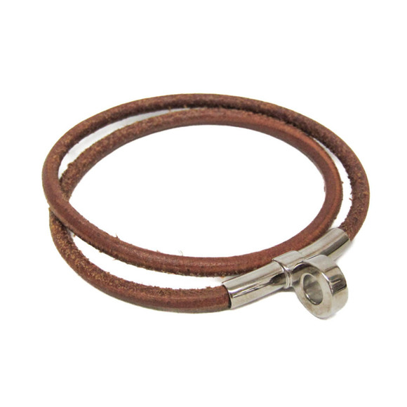 Hermes Kite Choker LeatherMetal Bangle SilverBrown